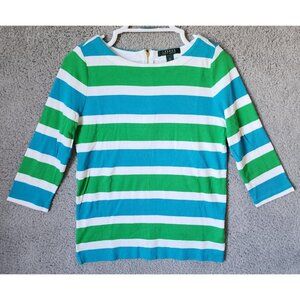 Lauren Ralph Lauren Womens 3/4 Sleeves Top Zipper Accent Blue/Green Striped Sz M